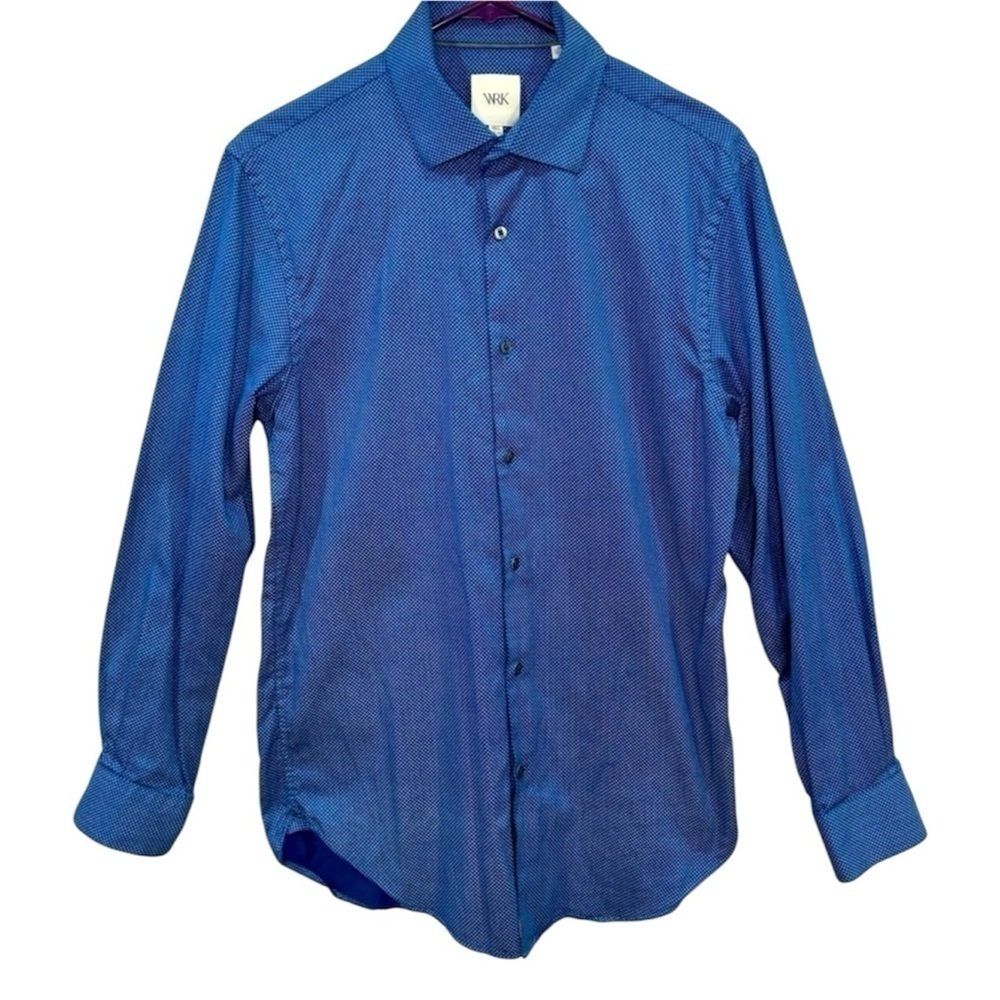 WRK Men’s Shirt Dress Shirt Button Down 100% Cotton Blue White Size Neck 15.5